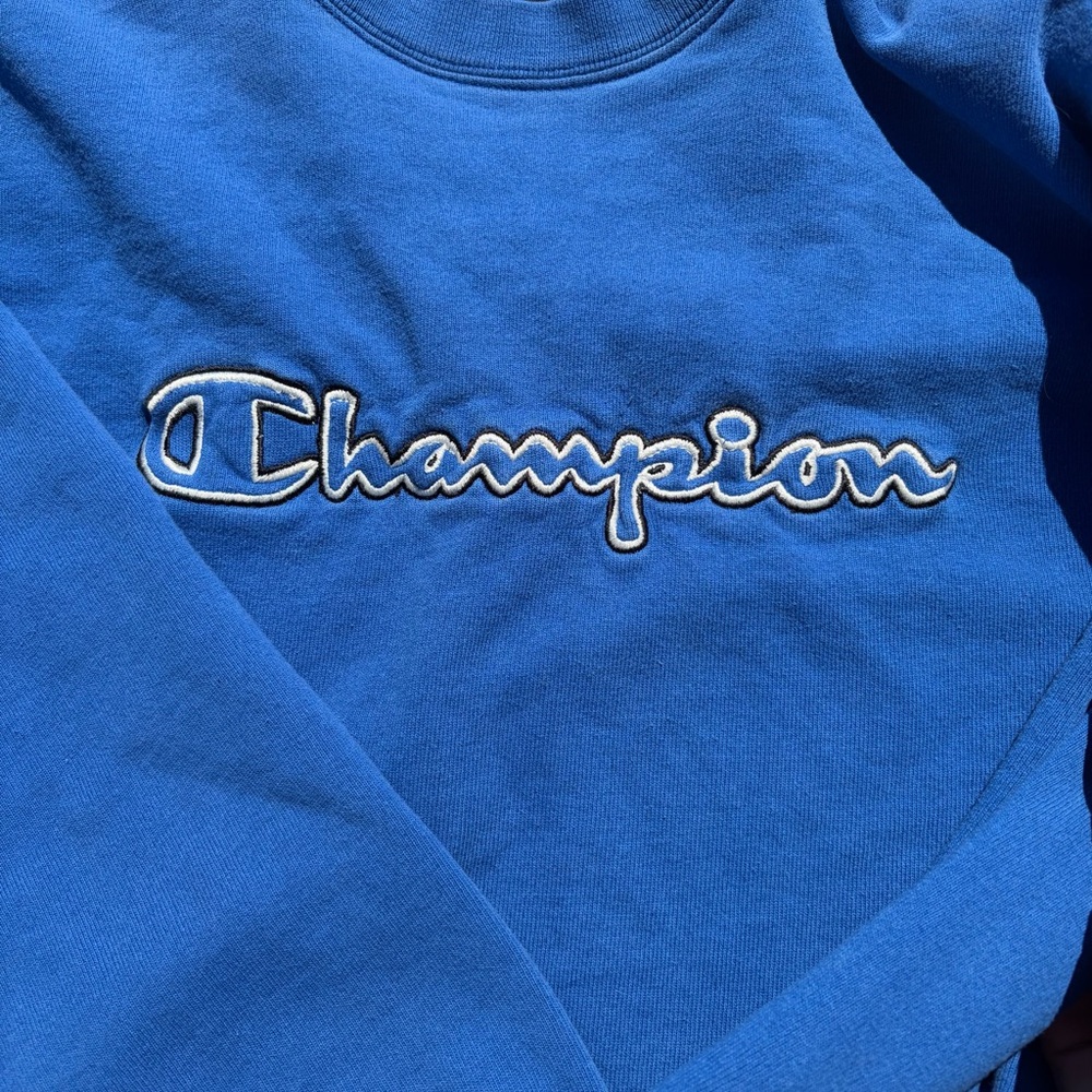 Champion Blue Crewneck Sweatshirt Script Logo Cozy Womens M Fit